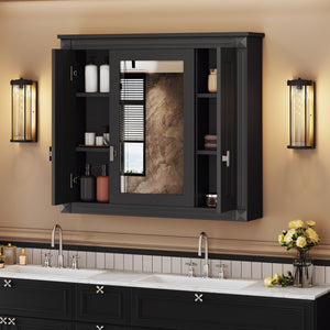 English Elm Bathroom Wall Cabinet with Mirror and 5 Shelves — Wall-Mounted Medicine Cabinet, Modern Storage Solution Black N710P252503B