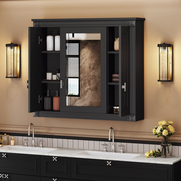 English Elm Bathroom Wall Cabinet with Mirror and 5 Shelves — Wall-Mounted Medicine Cabinet, Modern Storage Solution Black N710P252503B