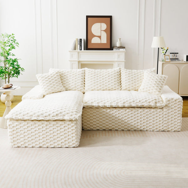 English Elm White Turtle Velvet Convertible Sofa: Stylish L-Shape Twin-Seat With Left Chaise For Cozy Lounging W3371S00037-GIGA