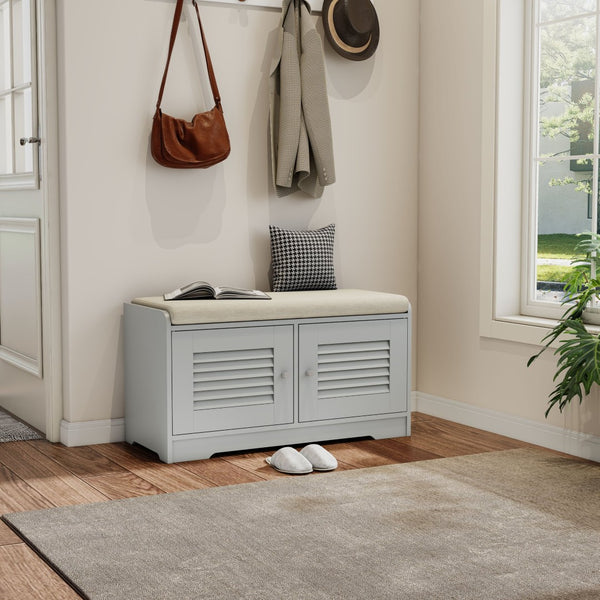 English Elm 28.74"shoe Storage Bench with Louvered Cabinet Cushioned Seat for Entryway Hallway W2948P353902