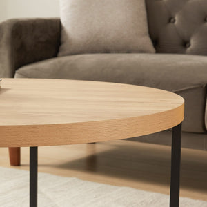 English Elm 31.5" Round Oak Finish Coffee Table Matte Black Steel Base for Modern Living Rooms Oak W3151P352763