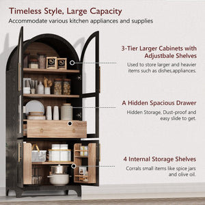 English Elm K&k Arched Farmhouse Pantry Cabinet Glass Doors Hidden Drawer Two Tone Kitchen Storage Black N707S288969B