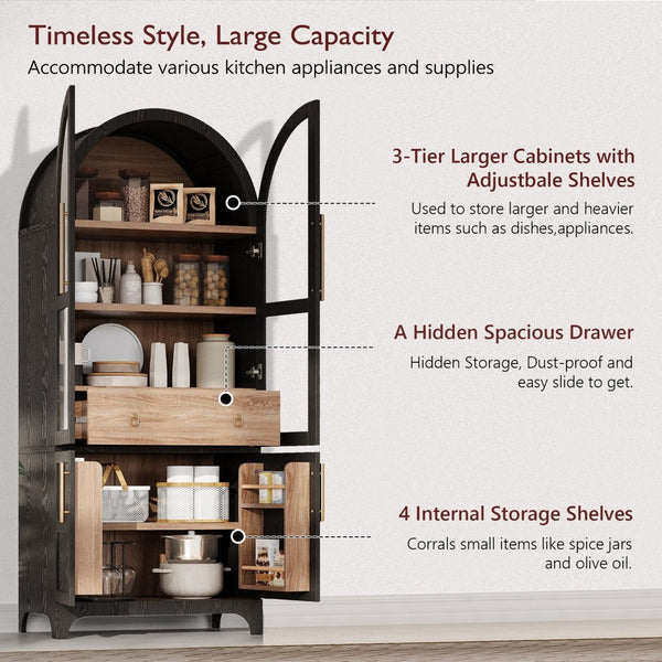 English Elm K&k Arched Farmhouse Pantry Cabinet Glass Doors Hidden Drawer Two Tone Kitchen Storage Black N707S288969B