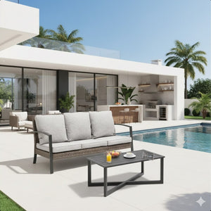 English Elm 2-piece Pe Rattan Outdoor Sofa Set with Steel Frame and Patio Coffee Table Gray B082P455166