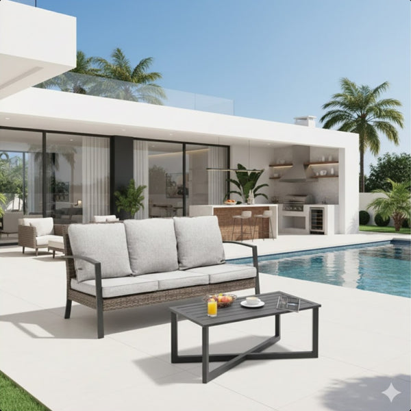 English Elm 2-piece Pe Rattan Outdoor Sofa Set with Steel Frame and Patio Coffee Table Gray B082P455166