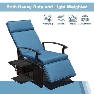 English Elm Adjustable Patio Recliner Chair with Flip Side Table, Ergonomic Cushions, Heavy-Duty Steel, 350lb Support Blue W1859P196390