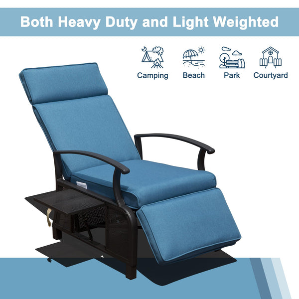 English Elm Adjustable Patio Recliner Chair with Flip Side Table, Ergonomic Cushions, Heavy-Duty Steel, 350lb Support Blue W1859P196390