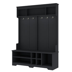 English Elm Modern Entryway Hall Tree with Six Hooks Bench Seat and Open Shoe Cubbies Black W1580S00618