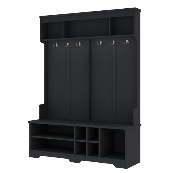 English Elm Modern Entryway Hall Tree with Six Hooks Bench Seat and Open Shoe Cubbies Black W1580S00618