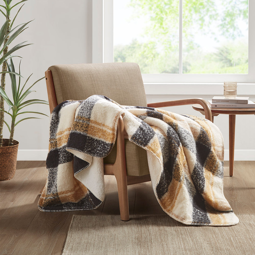 JLA Home Woolrich - Faux Woolrich Plaid Throw with Mohair Face and Plush Sherpa Reverse — Cozy, Machine-Washable Comfort and Lodge Style Tan WR50-3970