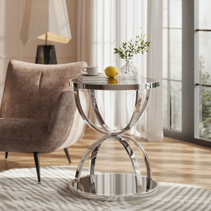 English Elm 19.69'' Round Chrome Side Table Dual Tier Gray Tempered Glass Glam Modern Accent W757P412806