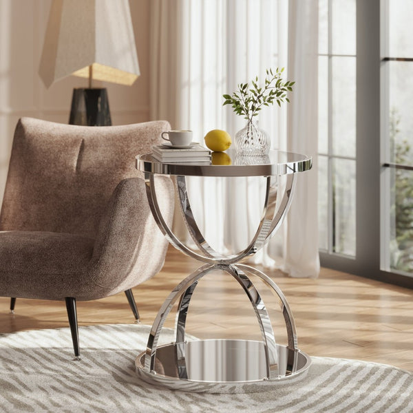 English Elm 19.69'' Round Chrome Side Table Dual Tier Gray Tempered Glass Glam Modern Accent W757P412806