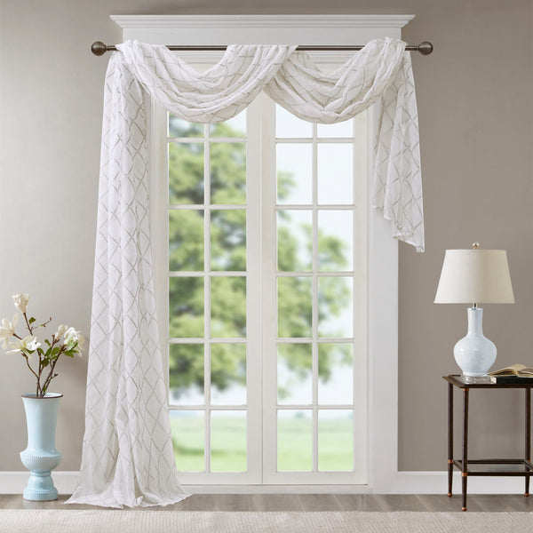 JLA Home Madison Park - Diamond Sheer Embroidered Window Scarf with Delicate Diamond Motif, Lightweight, Light-Diffusing Elegance White/Grey MP40-4947