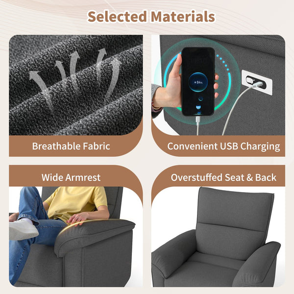 English Elm Wall Zero Wall Power Recliner Chair with Overstuffed Backrest, USB Type-C Charging Port, Space-Saving Electric Recliner for Small Rooms Dark Gray W1028S00055