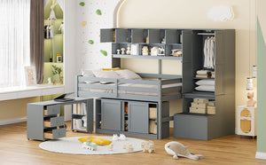 English Elm Full Size Gray Loft Bed with Rolling Desk Wardrobe Staircase and Headboard Shelving LT000852AAE