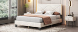 English Elm Simple Queen Size Upholstered Bed Frame With Rivet Design, Modern Velvet Platform Bed With Headboard, Beige