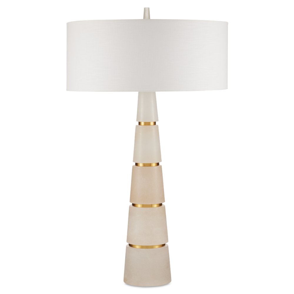 Eleanora Table Lamp - Modern Alabaster Design with Brass Accents, Elegant Off-White Linen Shade