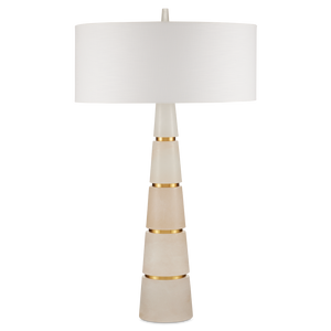 Eleanora Table Lamp - Modern Alabaster Design with Brass Accents, Elegant Off-White Linen Shade