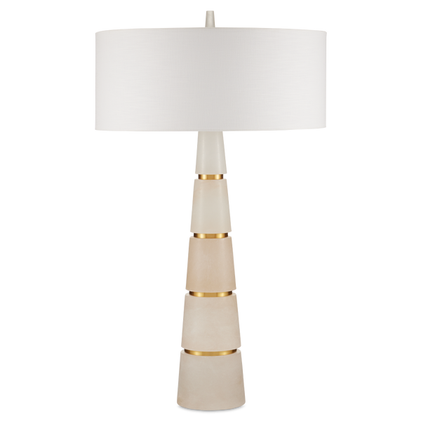 Eleanora Table Lamp - Modern Alabaster Design with Brass Accents, Elegant Off-White Linen Shade
