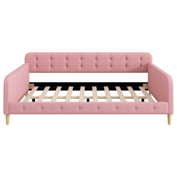 English Elm Queen Upholstered Daybed with Tufted High Sideboard, Linen Finish, Solid Wood Frame, 800lb Capacity Pink N7500001850H
