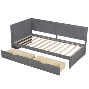 English Elm Twin Wood Daybed with 2 Drawers Rustic Guardrail in Ancient Grey — Storage Twin Bed, Pine MDF Craftsmanship, 300lb Capacity N709P179657E
