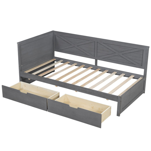 English Elm Twin Wood Daybed with 2 Drawers Rustic Guardrail in Ancient Grey — Storage Twin Bed, Pine MDF Craftsmanship, 300lb Capacity N709P179657E