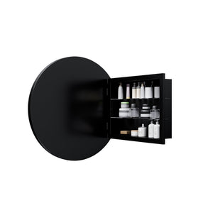 English Elm 23.6 Inch Round Matte Metal Medicine Cabinet with Mirrored Door and Adjustable Shelves Black W1435P312263