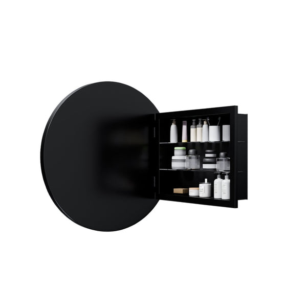 English Elm 23.6 Inch Round Matte Metal Medicine Cabinet with Mirrored Door and Adjustable Shelves Black W1435P312263