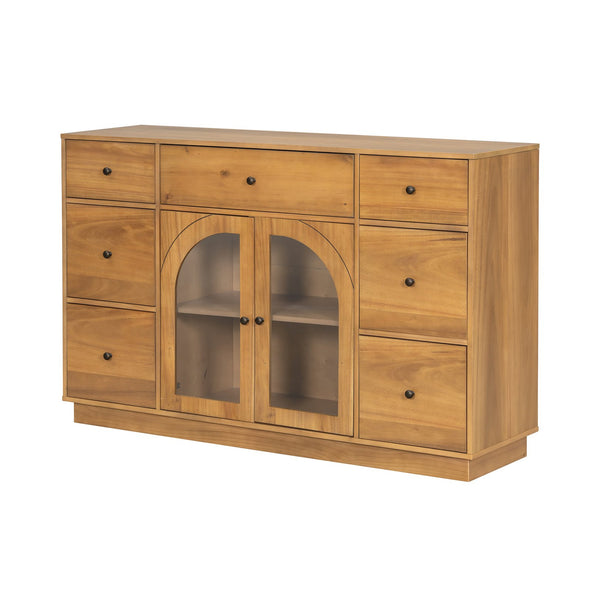 English Elm Christopher Knight Home® - Cabinet roomy storage console with 2 doors, 7 drawers, glass accents and manufactured wood build, large Natural N780P330601N