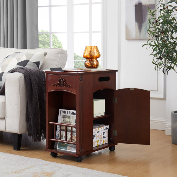 English Elm Powered Narrow End Table with Charging Station, Walnut Bedside Table with Wheels, USB Ports, Storage W1693P227261