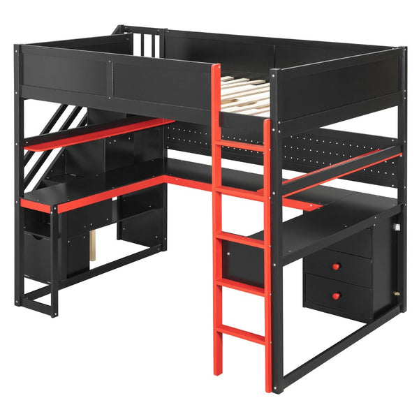English Elm Full Size Gaming Loft Bed with Led Lighting Desk Shelves and Usb Charging Ports N820S00071J
