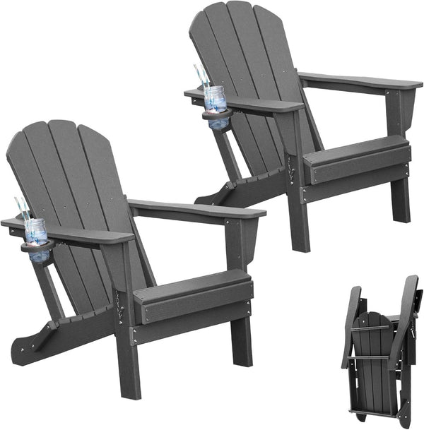 English Elm Adirondack Hdpe Folding Chair Set Outdoor Patio Fire Pit Seating with Cup Holder Gray W1859P453297