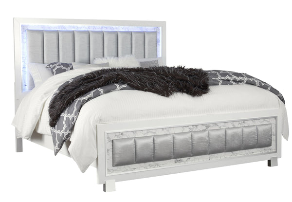English Elm SKYE Marble White Full Bed with Padded LED Headboard, Faux Marble Panel, Solid Wood Frame — Sleek Luxury B201S00057