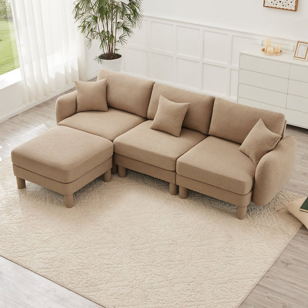 English Elm Boucle Fabric L-Shape Sectional Sofa With Removable Ottoman & Shell-Shaped Armrests In Coffee Color W3041S00285