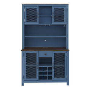 English Elm 70.9" Farmhouse Hutch Pantry with Led Lighting Wine Rack Mesh Doors and Built-in Power Navy Blue CH361426AAL