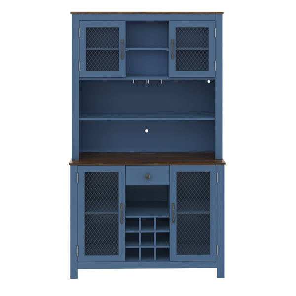 English Elm 70.9" Farmhouse Hutch Pantry with Led Lighting Wine Rack Mesh Doors and Built-in Power Navy Blue CH361426AAL