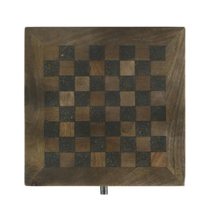 English Elm 1 Drawer Side Table with Leatherette Sling Tobacco Rustic Chessboard Top, Iron Frame, Drawer Storage B016P384808