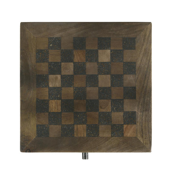 English Elm 1 Drawer Side Table with Leatherette Sling Tobacco Rustic Chessboard Top, Iron Frame, Drawer Storage B016P384808