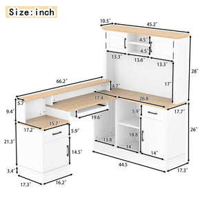 English Elm L-shaped Corner Computer Desk with Built-in Outlets Drawers and Open Shelving Storage W1580S00269