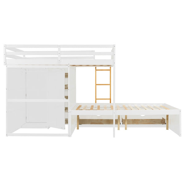 English Elm Full Size Bunk Bed with Integrated Drawers Wardrobe Mdf Solid Wood Kids Storage White LT000463AAK