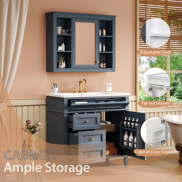 English Elm 36'' Modern Bathroom Vanity with Mirror Cabinet and Sink, Spacious Storage, Soft-Close Doors & Drawers Blue SW000134AAC-3