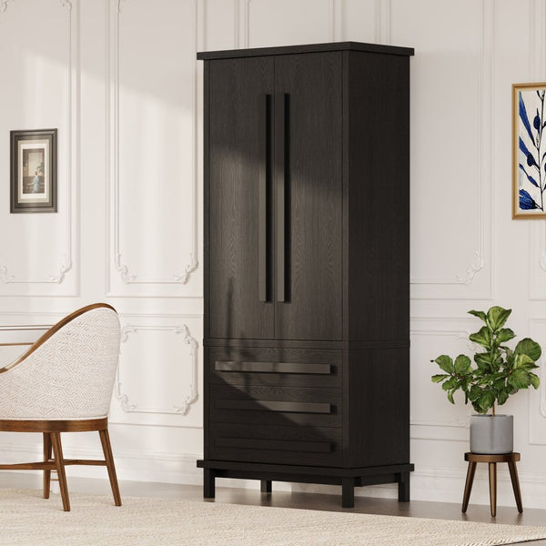 English Elm 70" Tall Pantry Cabinet Rubberwood Legs Three Drawers Six Door Shelves Kitchen Storage Black N762P326960B