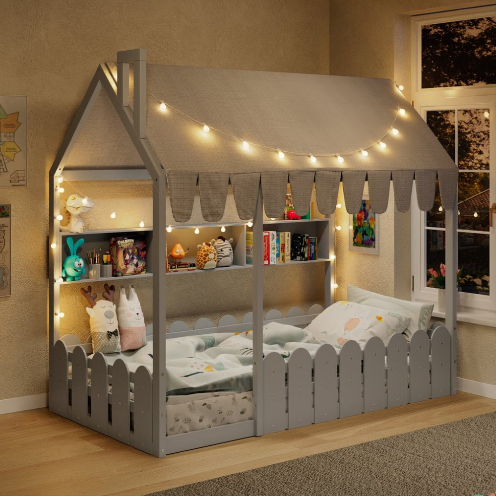 English Elm {slats Are Not Included} Twin Montessori House Floor Bed Kids Tent Lights Shelves Pinewood Frame Gray N708P407962E