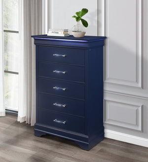 English Elm CHARLSTON Solid Wood 5-Drawer Chest with Built-In LED Lighting, Spacious Transitional Bedroom Storage Blue 35.63 L x 19.49 W x 52.17 H B201P215697