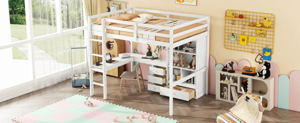 English Elm Full Size Loft Bed With Integrated Desk, Storage Shelves, Drawers & Safe Ladder - Stylish & Space-Saving W504S00161