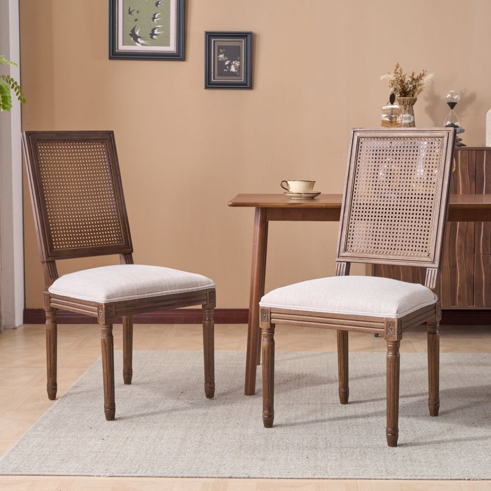 English Elm [set of 2] Cane Back Dining Chairs Solid Rubberwood Fluted Legs Weathered Farmhouse Style N767P263678B
