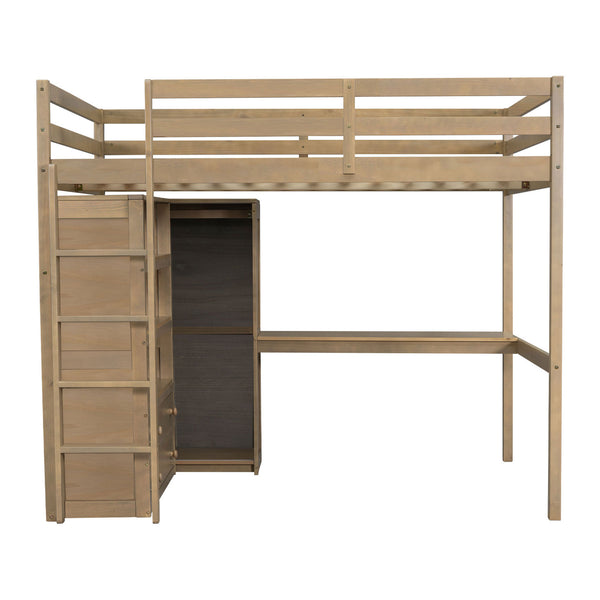 English Elm Wood Full Size Loft Bed with Built-In Desk, Wardrobe, Shelves & Drawers for Space-Saving Rooms Walnut GX000466AAD