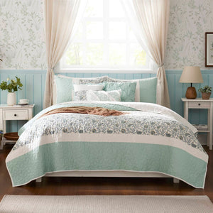 English Elm 6 Madison Park Dawn Cotton Percale Reversible Quilt Set with Paisley Pintuck, Lace Trim, Pillows, Full/Queen Aqua 17.72 L x 22.83 W x 8.66 H B035129022