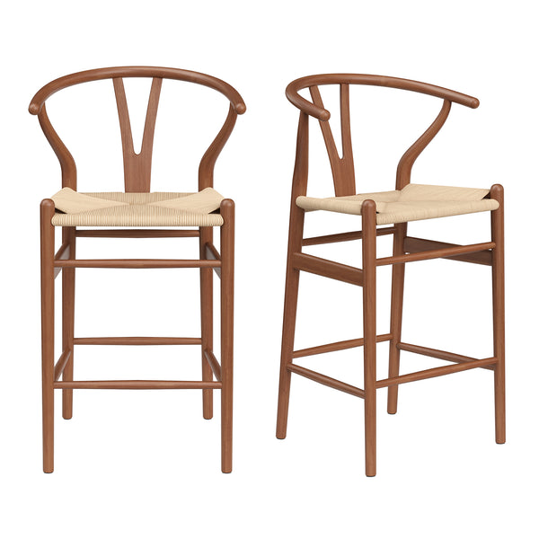 English Elm Wishbone Rattan Barstool with Woven Papercord Seat, Solid Ash Wood, Eco-Friendly Finish, Fully Assembled Walnut T3623P379825