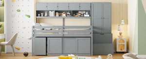 English Elm Full Size Gray Loft Bed with Rolling Desk Wardrobe Staircase and Headboard Shelving LT000852AAE